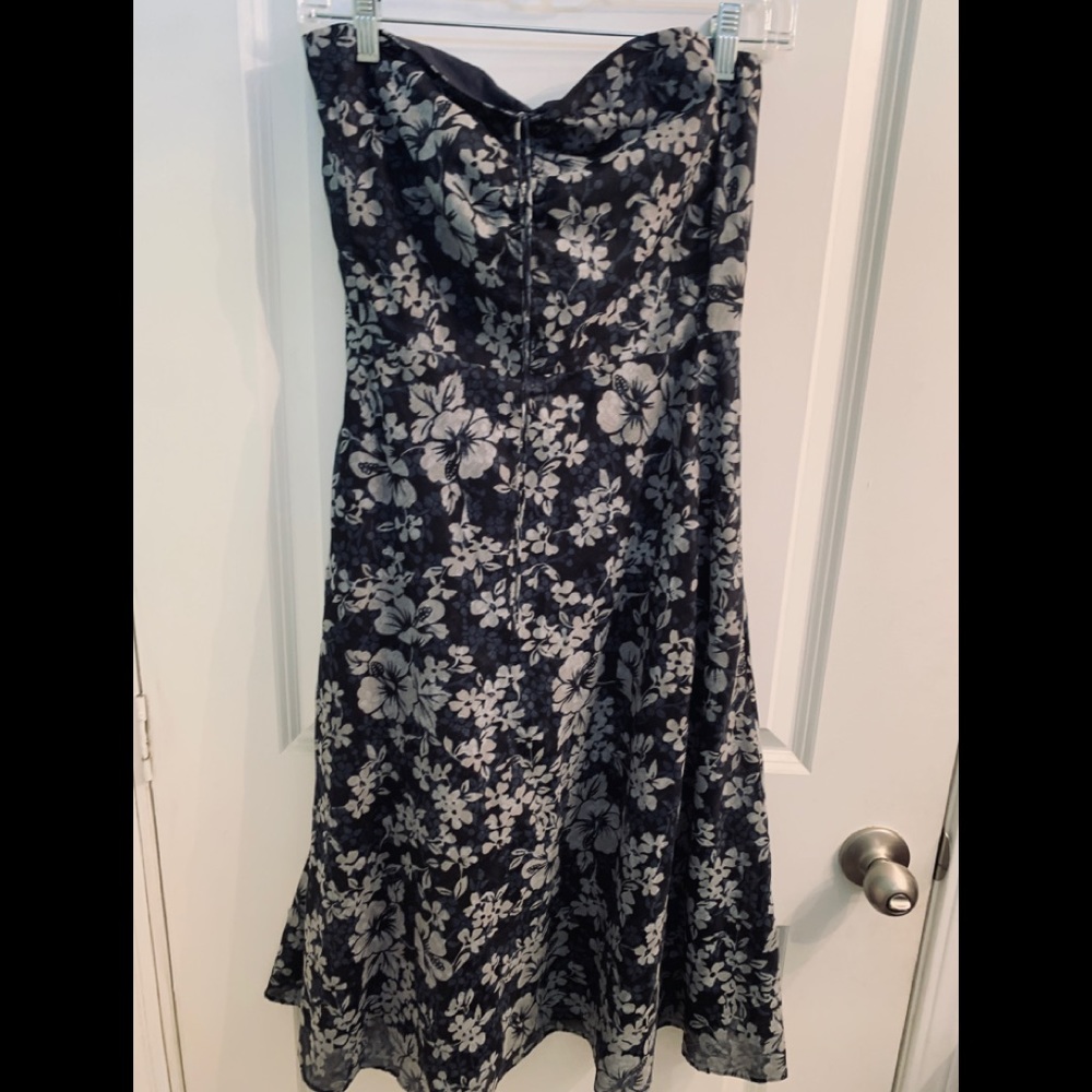 Strapless, below the knee, floral outer layer, navy underneath by J.Crew size 4